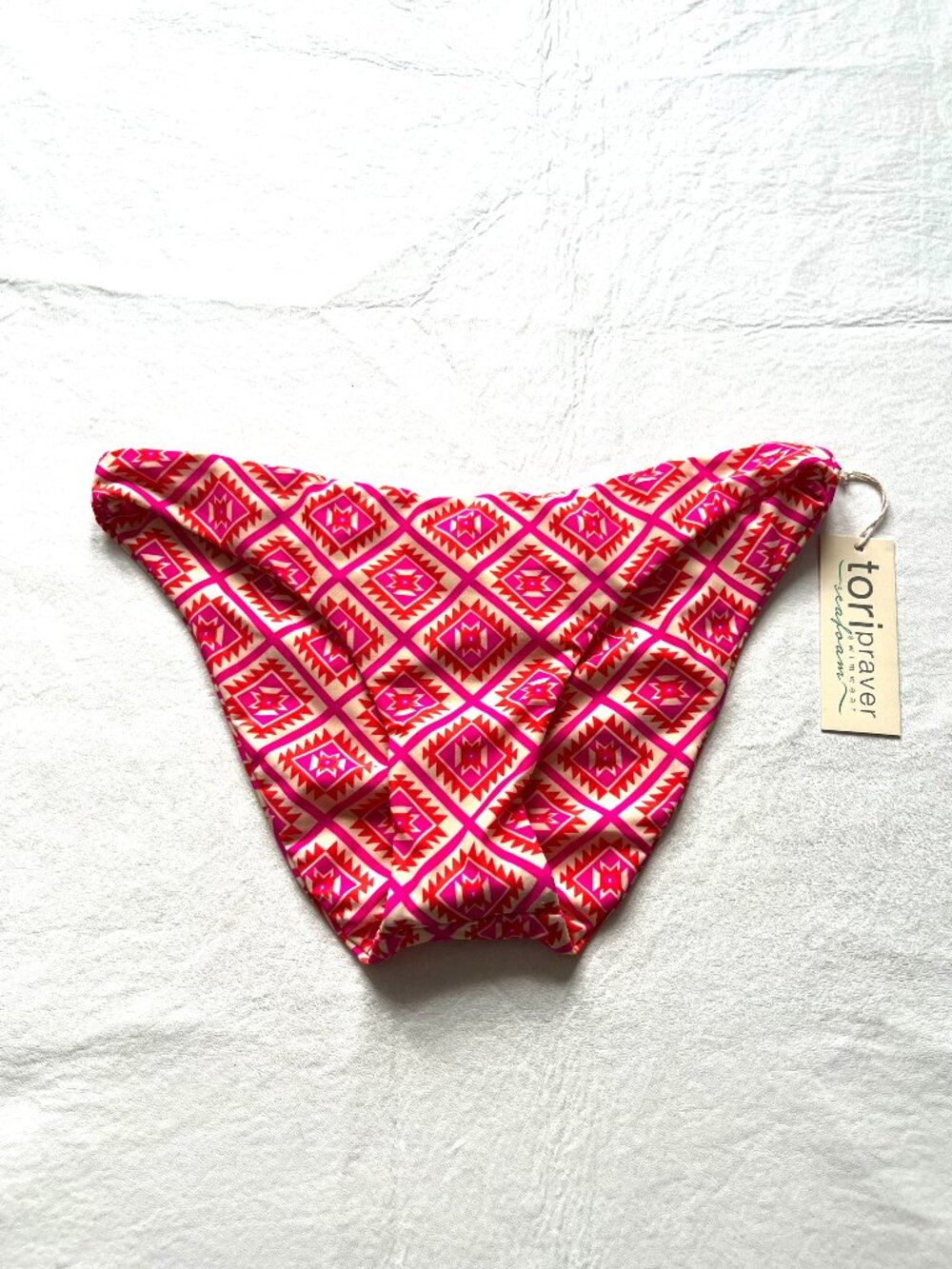 Tori Praver bikini bottoms womens large red pink beige geometric scrunch swim